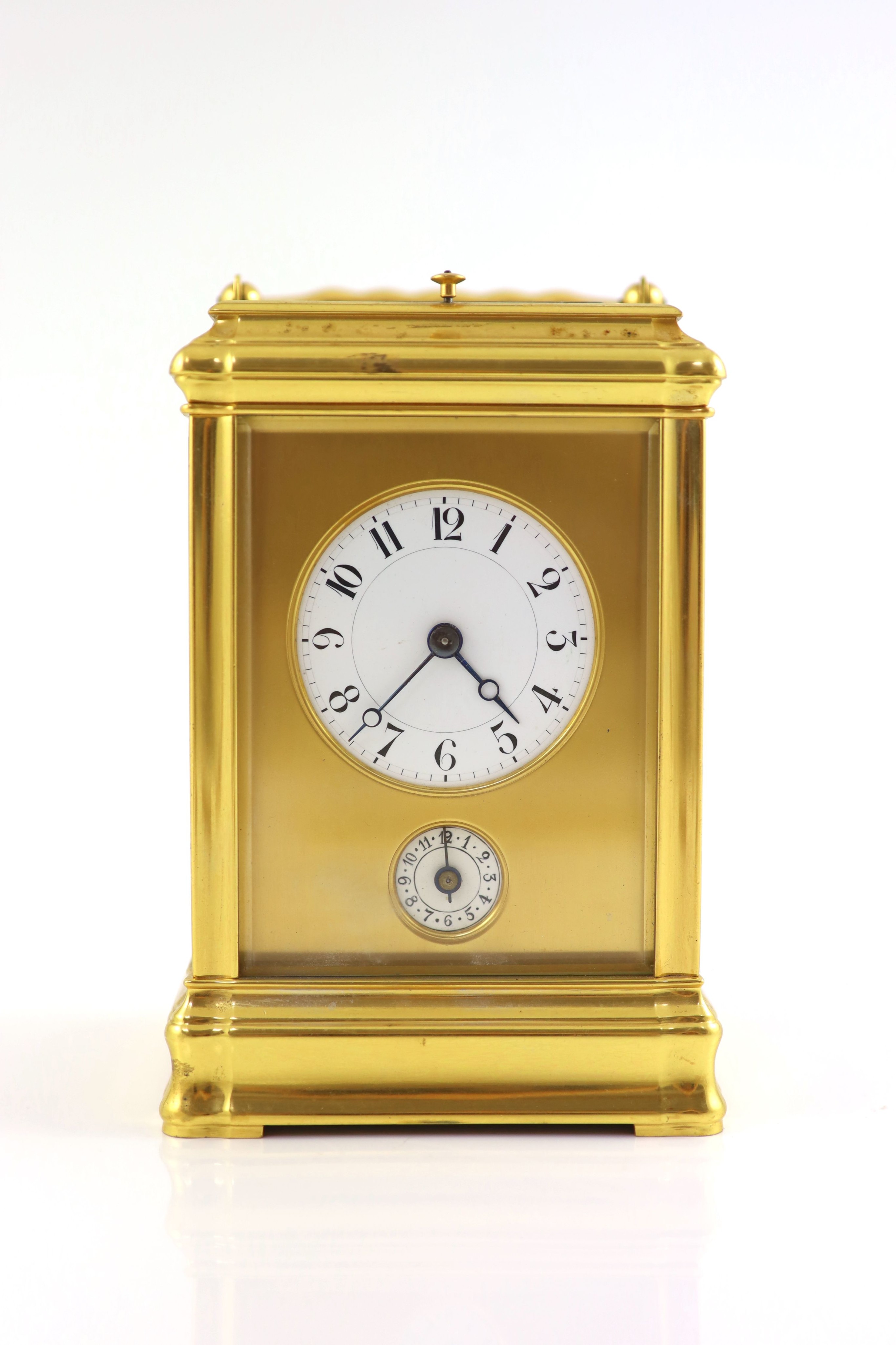 An early 20th century French quarter repeating Grand Sonnerie carriage alarum clock H 15cm. W 9.5cm. D 8.5cm.